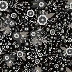 Black and white abstract wildflowers, seamless texture pattern design. Decorative flowers and plants. Vector original ornament with flowers.