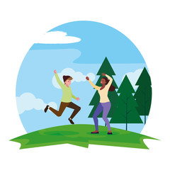 interracial young couple celebrating in the camp