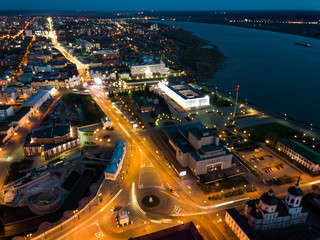 Tomsk nigth illumination. Cityscape Aerial view of Tom river. Siberia, Russia.