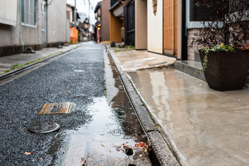 Kyoto residential neighborhood in spring with rain puddle and flower pot nobody in April in Japan with drops on water surface
