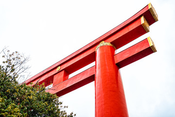 Kyoto, Japan red Jingu Torii Gate by Okazaki park during day isolated low angle closeup view with...