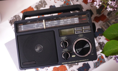 Retro style radio for FM and AM radio reception. Can also listen to MP3 files. Details and close-up.