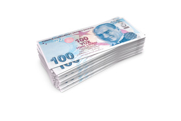 Deck of Turkish Liras Banknotes on White