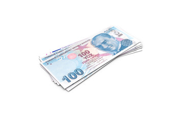 Deck of Turkish Liras Banknotes on White