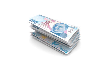 Turkish Liras Banknotes Falling and Flying Around on White