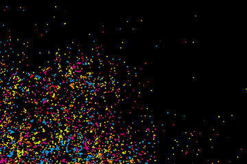 Birthday foil confetti glitter sparkles blow. Particles random background. Colourful explosion of dots. Grainy textured holiday birthday design for greeting cards visuals. Vector. © desertsands