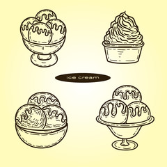Vector hand drawn set of ice creams in the engraving vintage style.