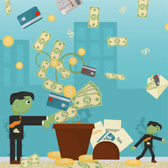flat illustration on_3_business, loans, taxes, and debt. zombie man social problem of the whole world dependence on money