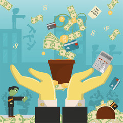 flat illustration on_18_business, loans, taxes, and debt. zombie man social problem of the whole world dependence on money