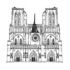 France, Paris, the architecture on a white background. sketch.Notre Dame Cathedral drawing.