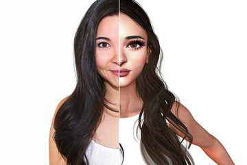 Real Life vs. Virtual Avatar - Young Woman, Split Portrait - obrazy, fototapety, plakaty