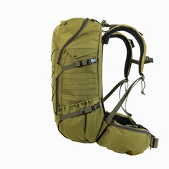 green hiking backpack for hunters camouflage with side pockets on a white background,