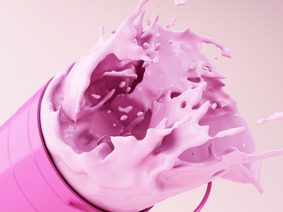 3d Pink paint splashing out of can