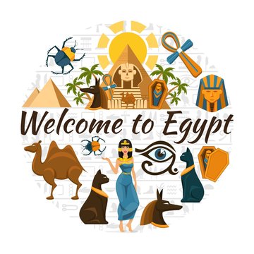 Flat Egypt Travel Round Concept
