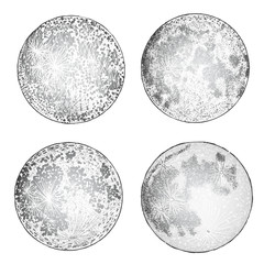 Set of realistic full moon and moon stipple drawing. Vintage engraving astrology or astronomy design. Vector.