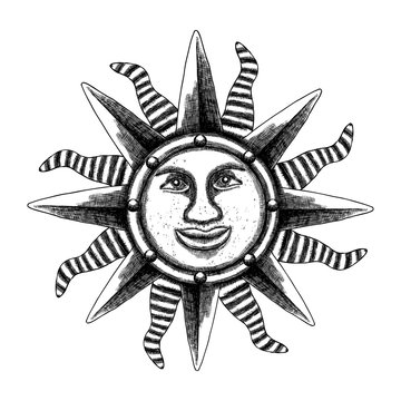 Hand drawn antique style sun with face of the human like. Anthropomorphic flash tattoo or print design Vector.