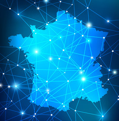Map of France overlaid with glowing network