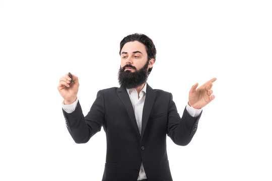 bearded businessman touching invisible screen and writes with stylus isolated on white background