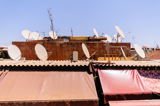 Satellite dishes on a roof in Marrakech, Morocco