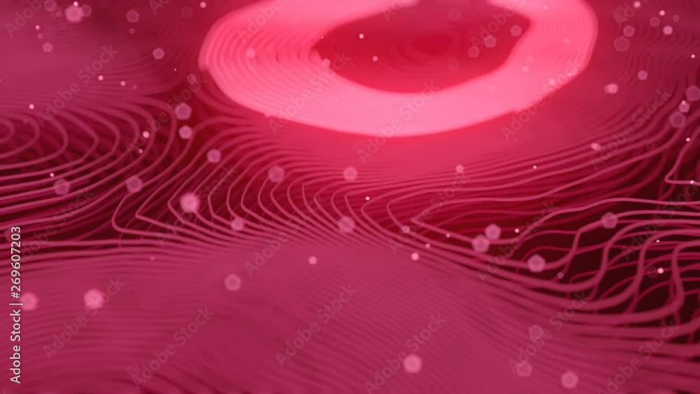 Aufkleber Pink colored abstract background with bright particles. Deformed wavy wires with motion glowing elements. Depth of field. 3D render loop animation. 4K, Ultra HD resolution.