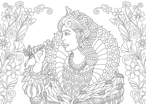 queen and flowers coloring page in zentangle style