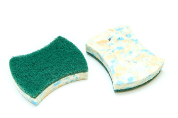 The two sponges for washing of the dishes made from the recycled plastic isolated in the white background. 