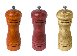 Set of wooden pepper mills on a white background. isolate Wood mills for peper. Different color of...