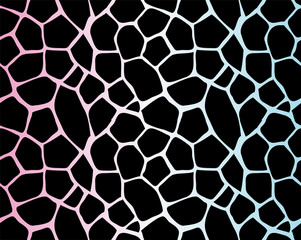 Vector seamless pattern of holographic gradient giraffe fur print isolated on black background © Sweta