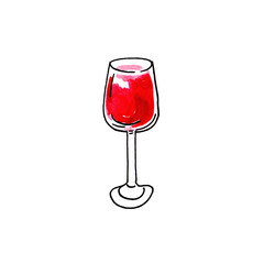 Watercolor hand drawn illustration glass of red wine on white background. Picture of a alcoholic drink.