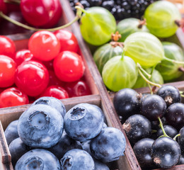 Wooden box with colorful berries. Close-up.