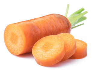 Fresh organic carrots and carrot slices on white background.