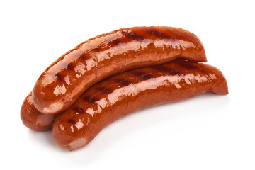 Grilled pork sausages, close-up, isolated on white background