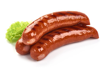 German grilled pork sausages with lettuce, close-up, isolated on white background