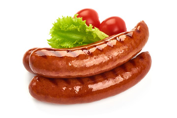 Grilled bratwurst Pork Sausages with lettuce, close-up, isolated on white background