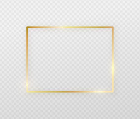 Golden border frame with light shadow and light affects. Gold decoration in minimal style. Graphic metal foil element in geometric thin line rectangle shape