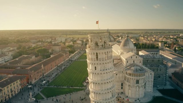 Aerial view of famous Leaning Tower of Pisa on Piazza dei Miracoli square. Italy