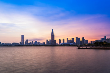 China Guangdong Province Shenzhen Bay Park City Skyline Dusk
