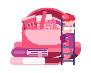 students ready for the start of the school year, boy loads books into a large backpack, flat character vector illustration