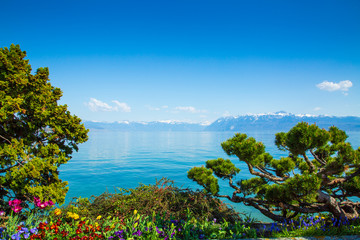 Beautiful landscape of Lake Geneva and mountains in Switzerland