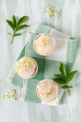 Top view of homemade elderberry blossom muffins with sugar icing and fresh elder flowers. 