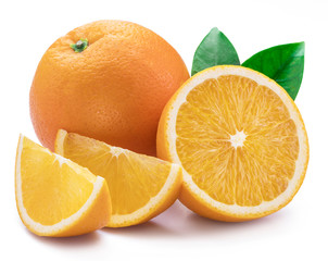 Orange fruit with orange slices and leaves isolated on white background.