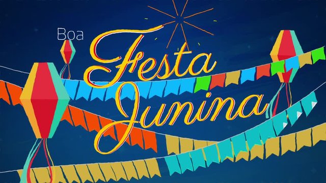 Festa junina, bal&atilde;o, fogos de artif&iacute;cio, azul, colorido