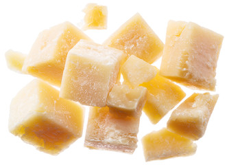 Parmesan cheese cubes isolated on white background.