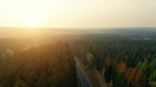 Helicopter view of beautiful forest and highway road on a summer day