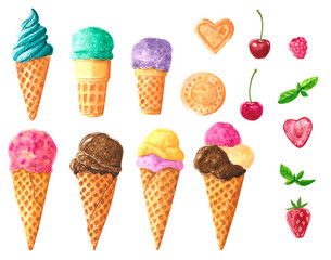 Set of different ice cream balls in waffle cone, clip art with mint, berries and cookies, hand drawn watercolor illustration isolated on white.