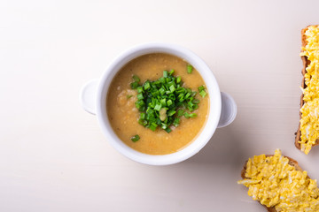Soup puree with onion in the white plate top view with two cheese sandwiches