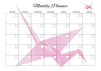 Monthly planner universal for any month with clean empty places. You can enter your numbers. With origami