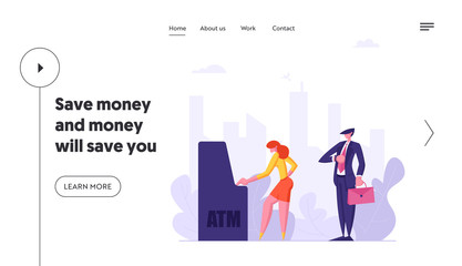 People Waiting in Queue Near ATM Landing Page. Cash Machine Concept with Man and Woman Standing in Line. Financial Transaction Web Banner. Vector flat illustration