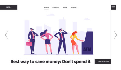 People Waiting in Queue Near ATM Website Banner. Cash Machine Concept with Man and Woman Standing in Line. Financial Transaction Landing Page. Vector flat illustration