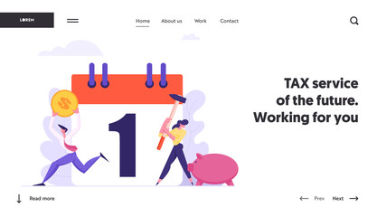 Monthly Loan Payment Landing Page Template. People Characters Pay the Bills Every Month Calendar. Financial Schedule with Money and Businessmen Banner Website. Vector flat illustration